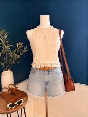 XL SHEIN Cream Fringe Knit Tank Top XL Boho